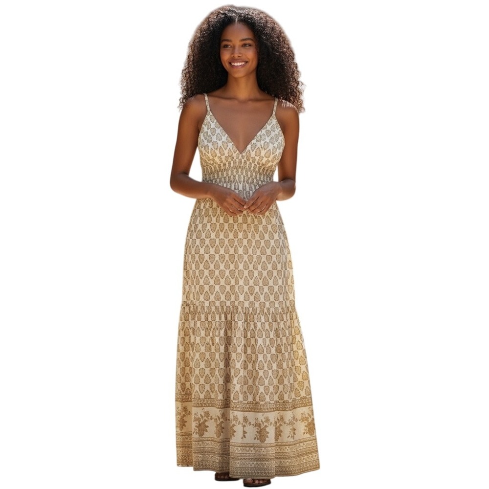 Sim & Sam Bohemian Tan Babydoll Linen Blend Maxi Dress in‎ Oat Print Size XSmall